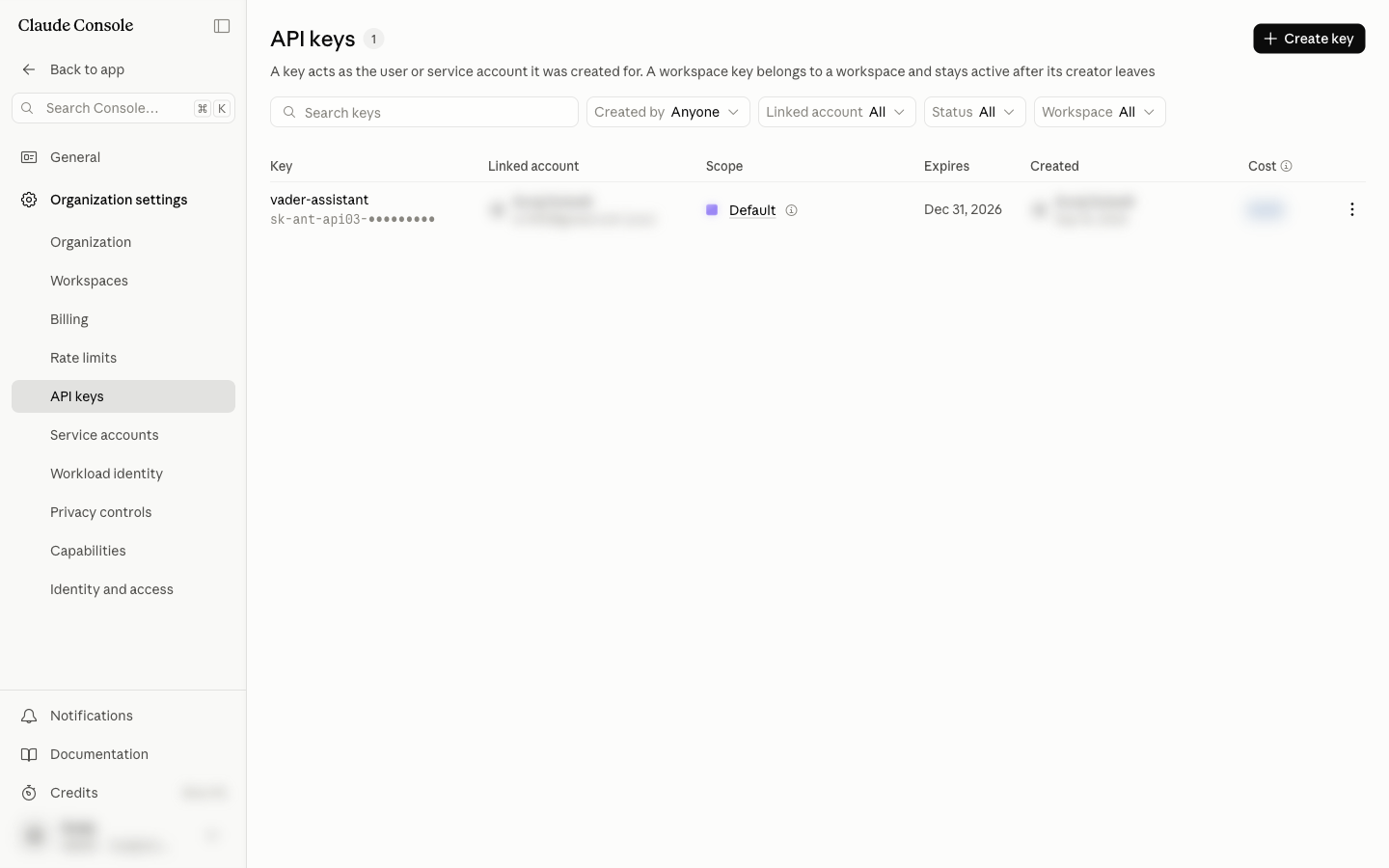 The API keys page in the Claude Console. API keys is selected in the left menu and a Create key button sits in the top right.