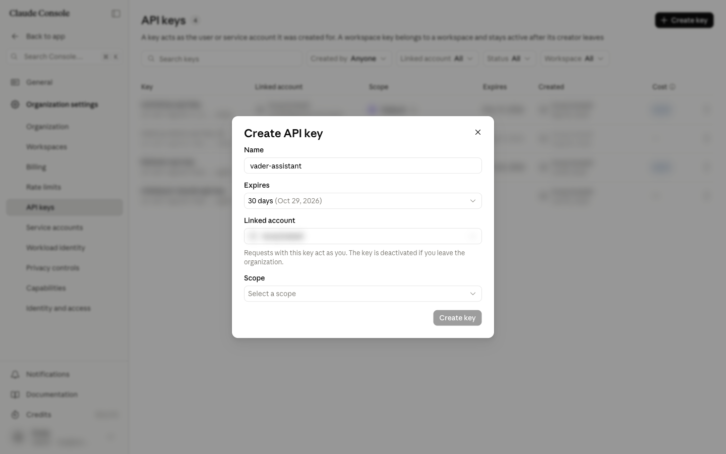 The Create API key form with fields for name, expiry, linked account and scope.