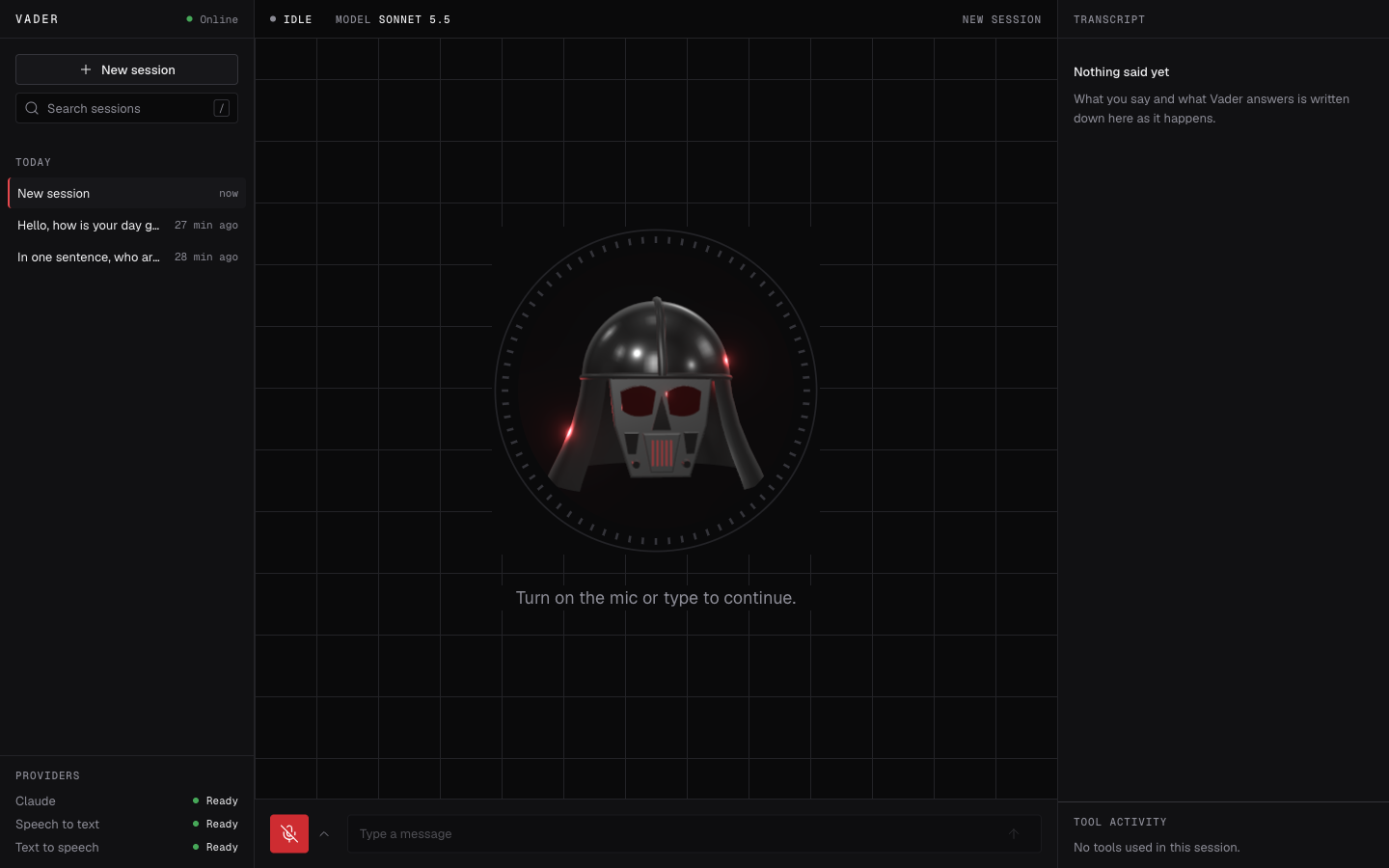 A new session. The avatar is idle and the transcript panel is empty.