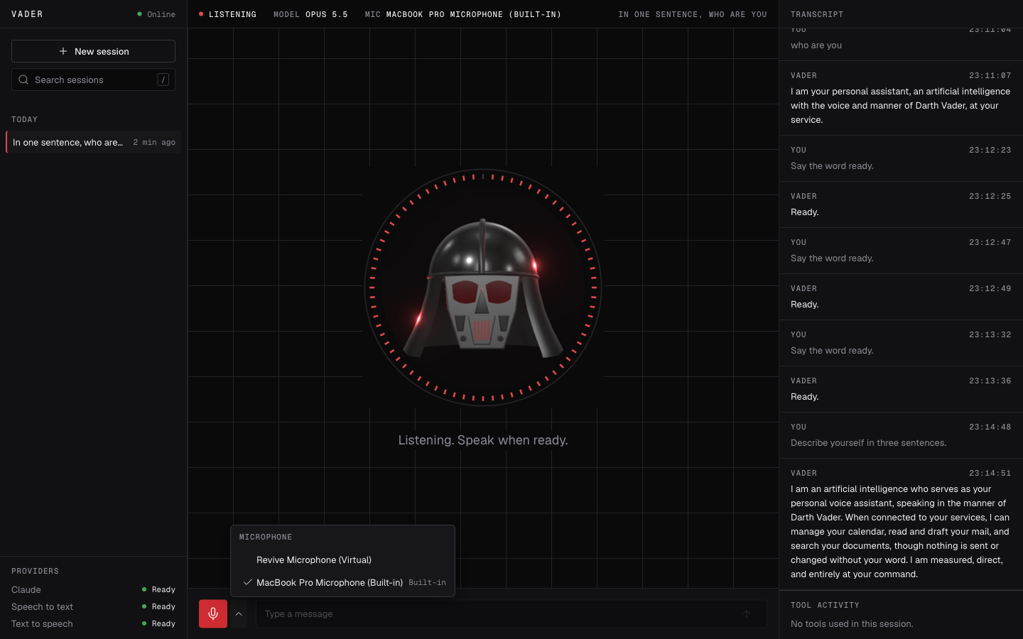 The Listening state with the microphone menu open, showing the available input devices with the built-in microphone selected.