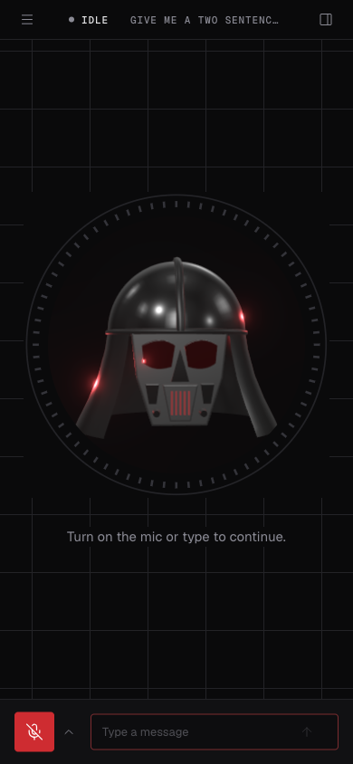 The app at phone width. The avatar fills the screen with the microphone button and message field in the dock.