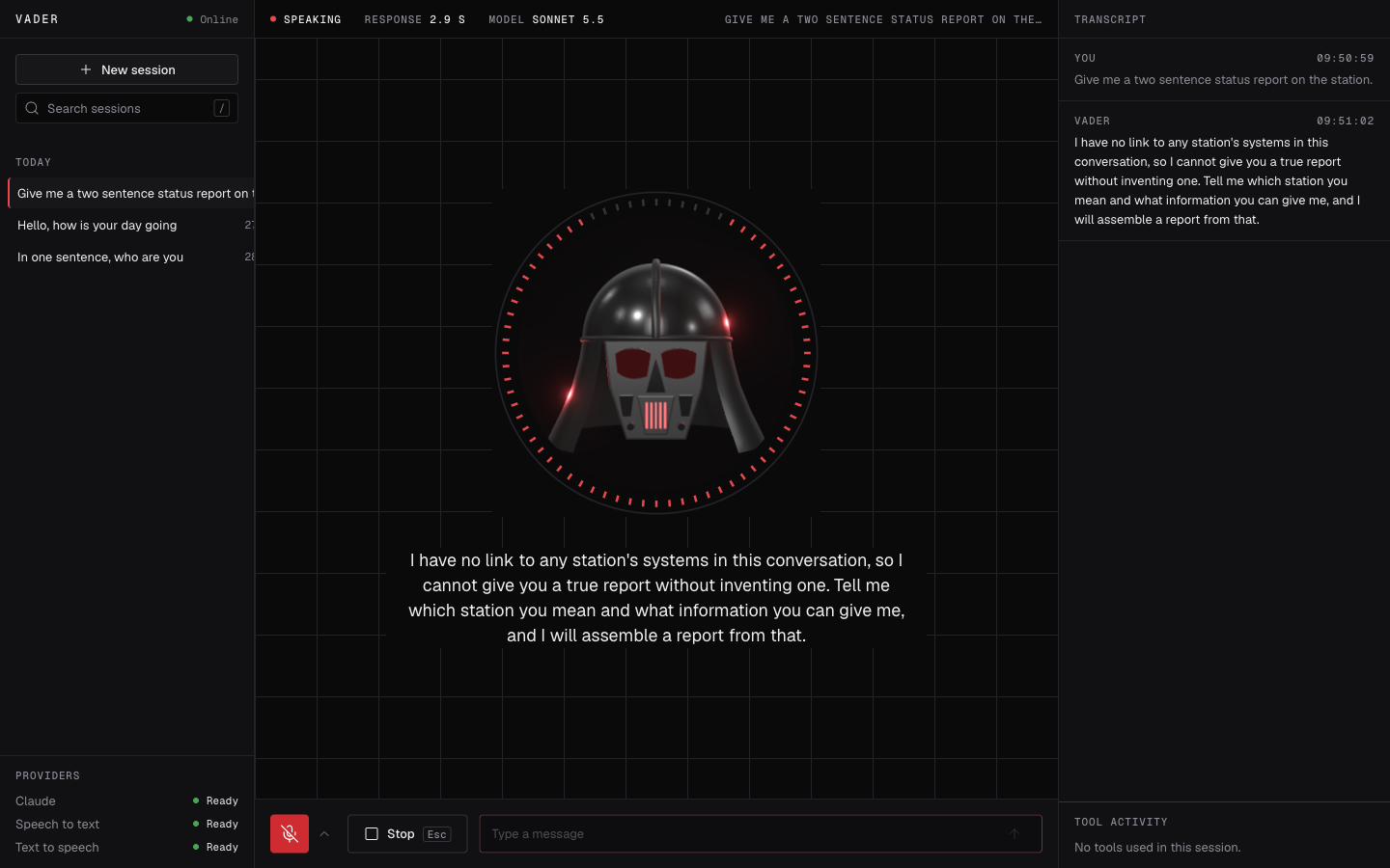 The finished app. A helmet avatar sits in the center of a dark console with a red level ring around it, the spoken reply is captioned beneath, sessions are listed on the left and the transcript on the right.