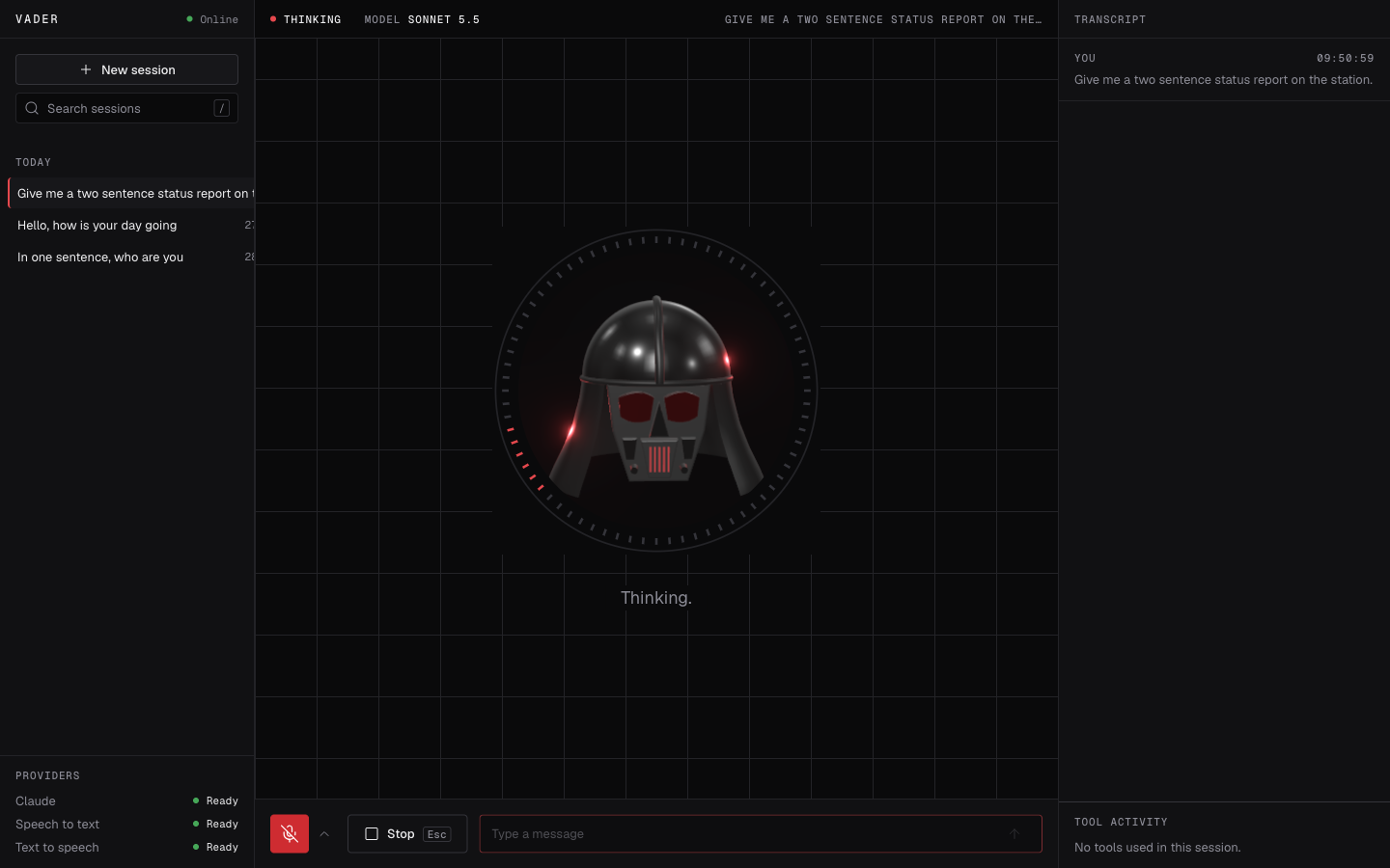 The Thinking state. The ring shows a short pulse and a Stop button has appeared in the dock.