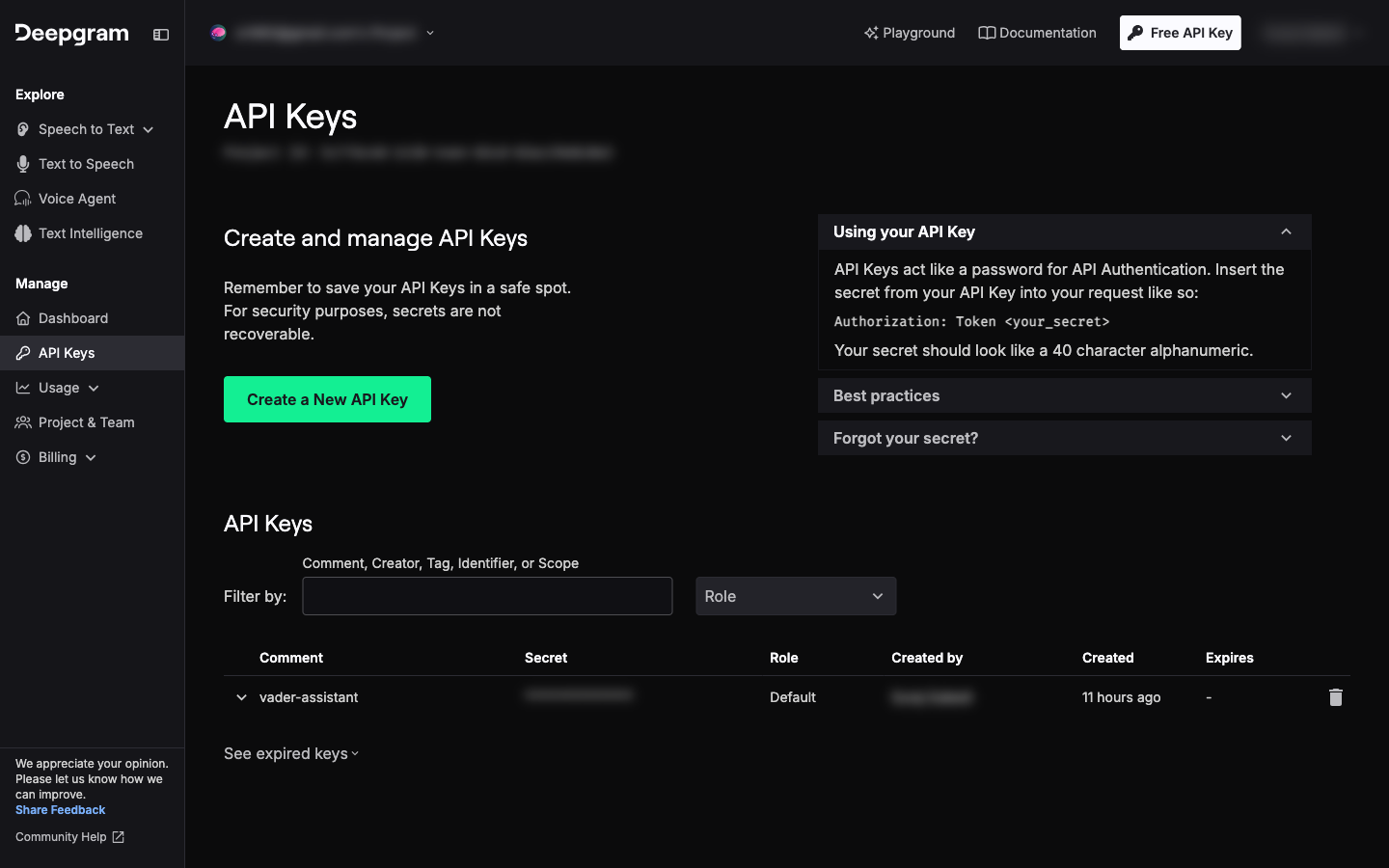 The Deepgram API Keys page with a green Create a New API Key button and a table of existing keys.