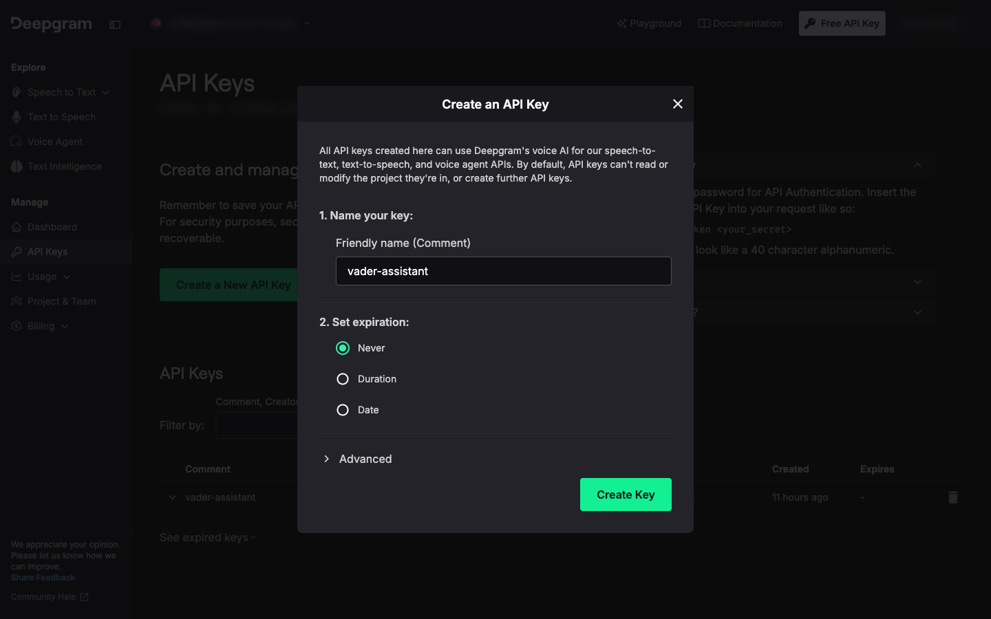 The Create an API Key dialog with a friendly name field, expiration options and a Create Key button.