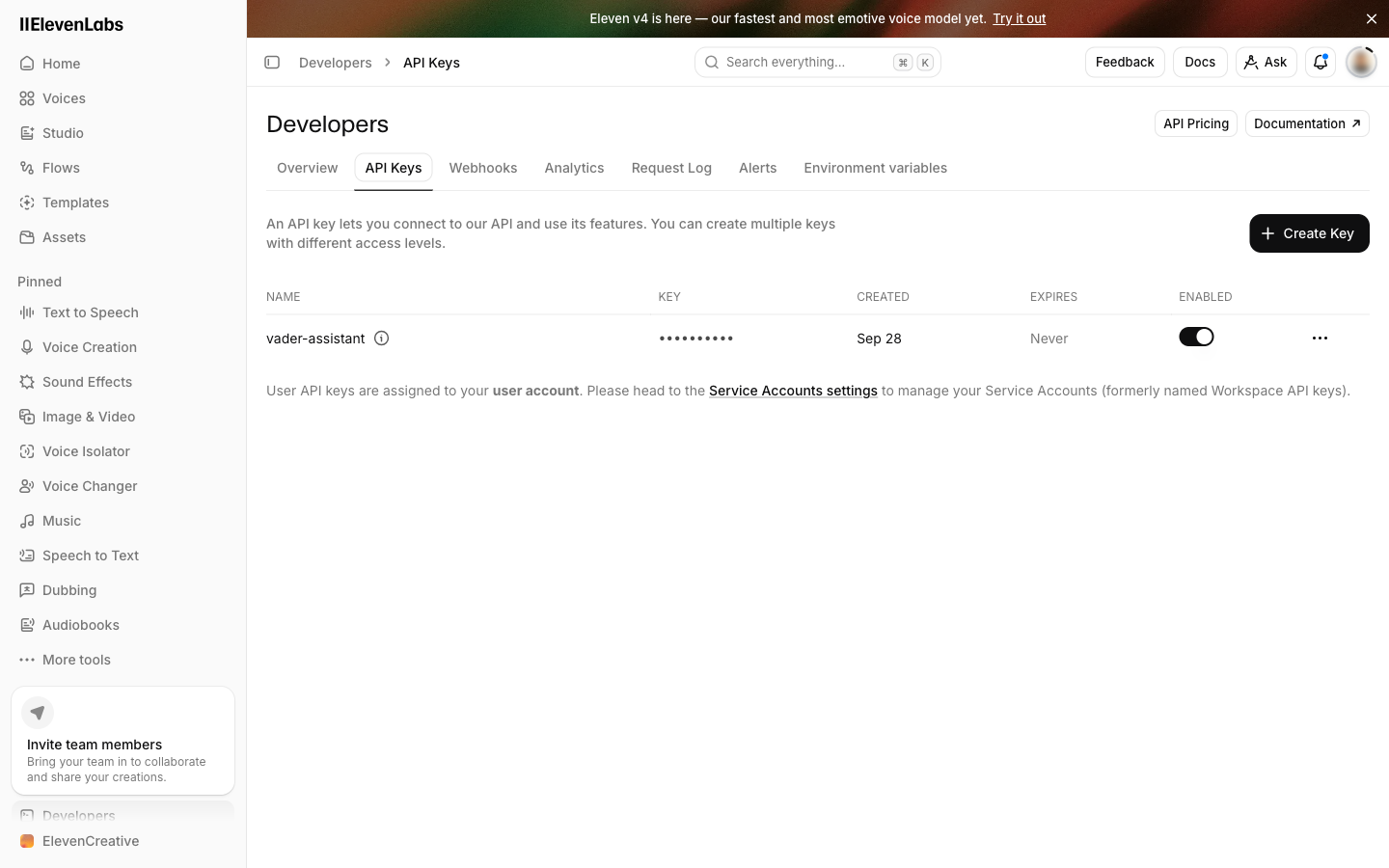 The ElevenLabs Developers page on the API Keys tab with a Create Key button and one existing key.