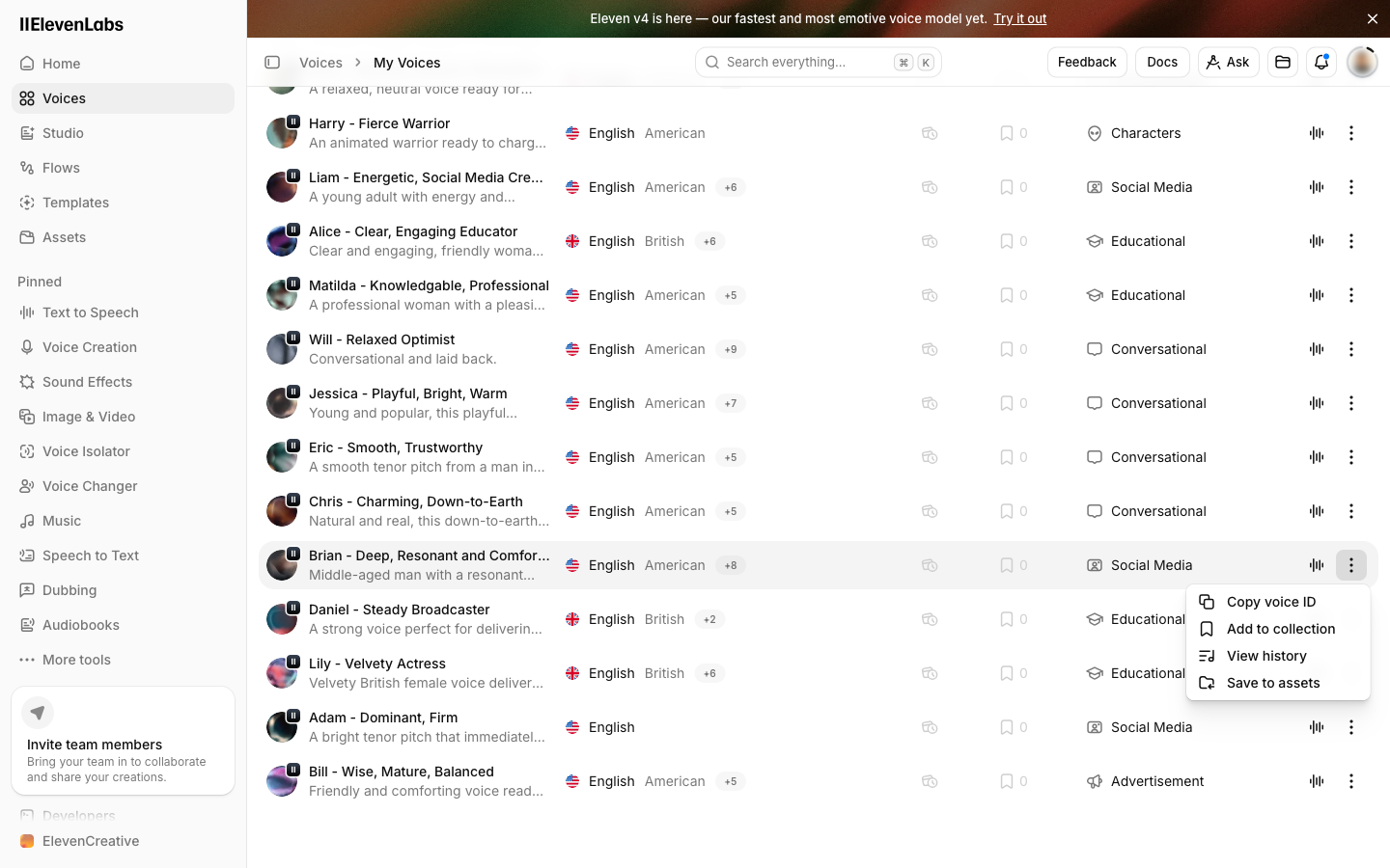 The ElevenLabs voices list with the menu open on one voice, showing Copy voice ID as the first option.