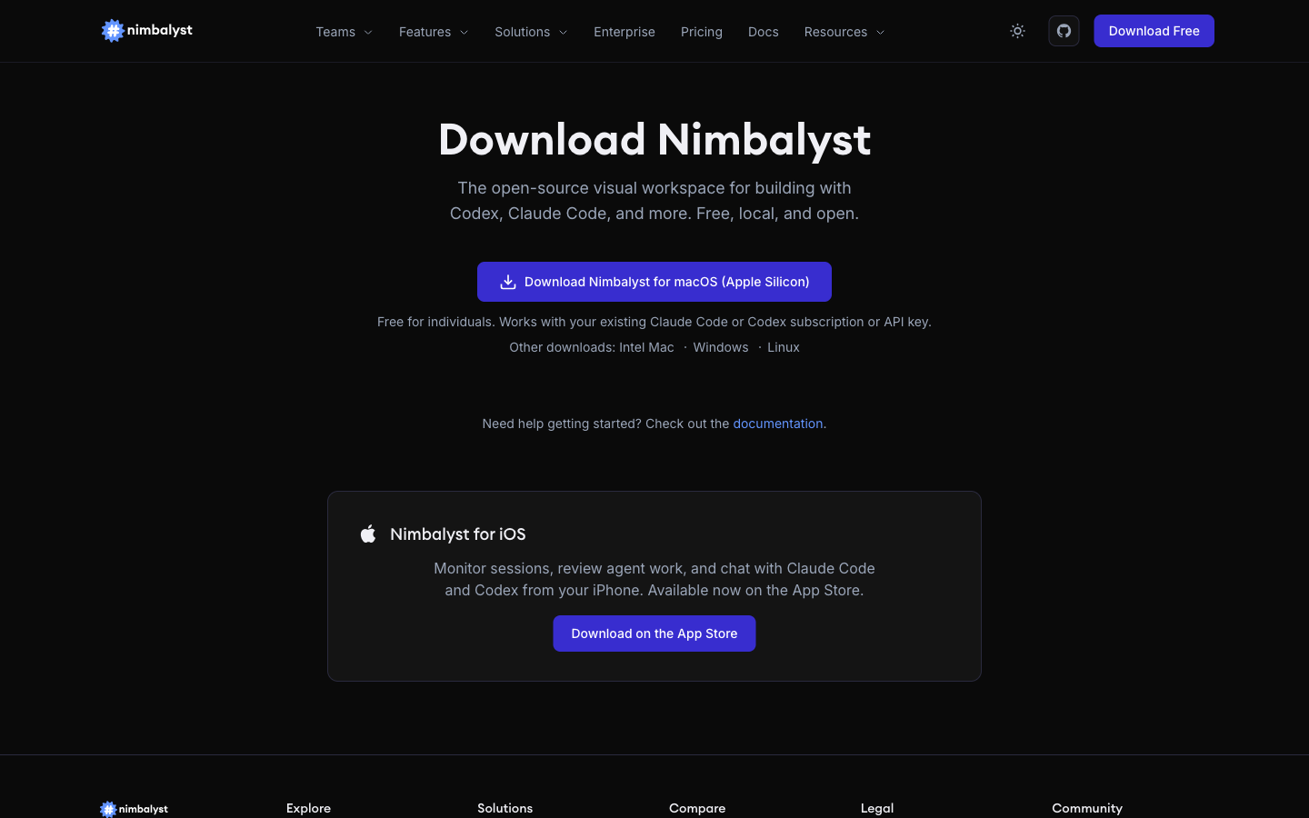 The Nimbalyst download page with a button for macOS Apple Silicon and links for Intel Mac, Windows and Linux.